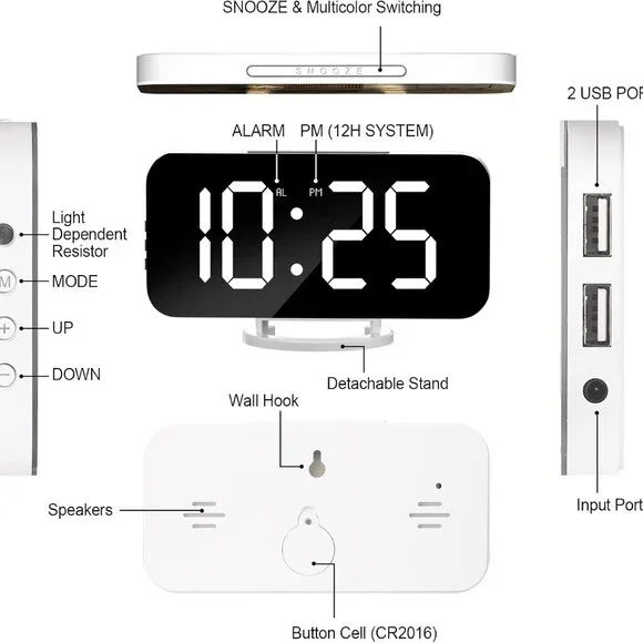 RGB Alarm Clock - Digital LED Clocks Mirror Surface with Dual USB Ports for Make